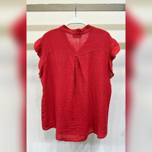 (8093-RED) SOLID RUFFLE SHORT SLEEVE CHEST POCKET BUTTON DOWN LINEN TOP - Picture 2 of 6